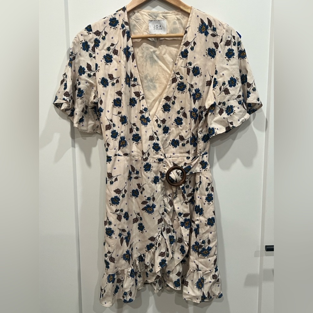 J.O.A. Cream Mini Wrap Dress with Blue Floral Print